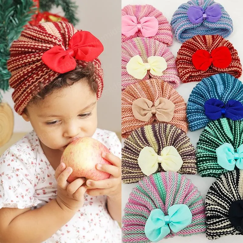 Infantile bébé chapeau arc chapeaux enfants enfant en bas âge enfants indien casquettes turban doux confortable automne hiver rayé tricoté chapeaux 10 couleurs