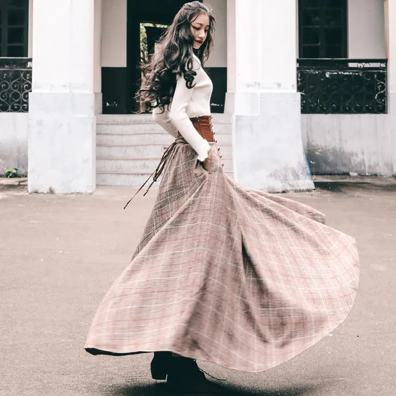 French Chic High Waist Maxi Skirt: Vintage A-Line Wool Blend