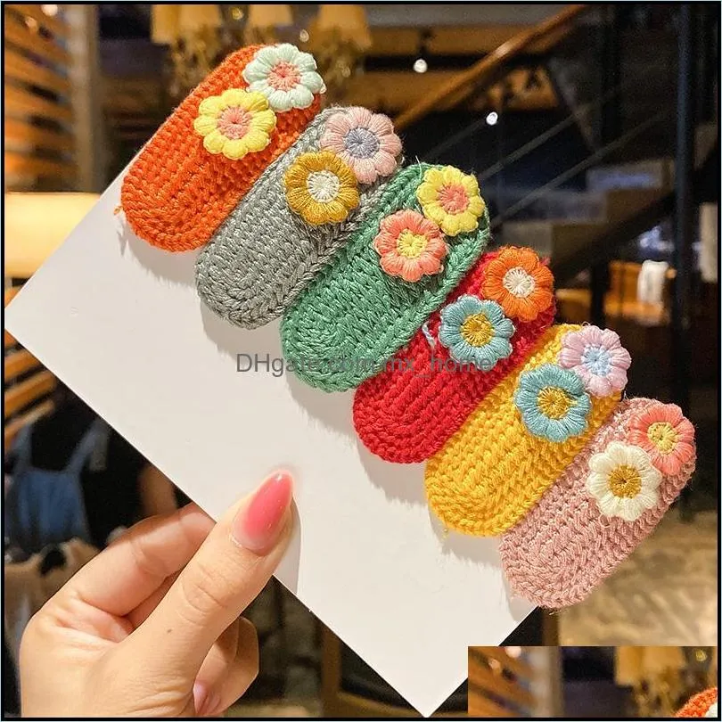 Children Cute Colors Knitting Flower Ornament Hair Clips Girls Lovely Rectangle Alloy Barrettes Hairpins Kids Hair Accessories