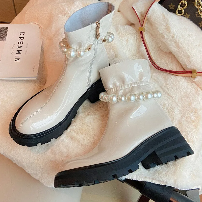 2021 pearl Soft patent leather white black 6cm thick soles boots for women`s heighten sweet cool ankle-boots heel round toe boot