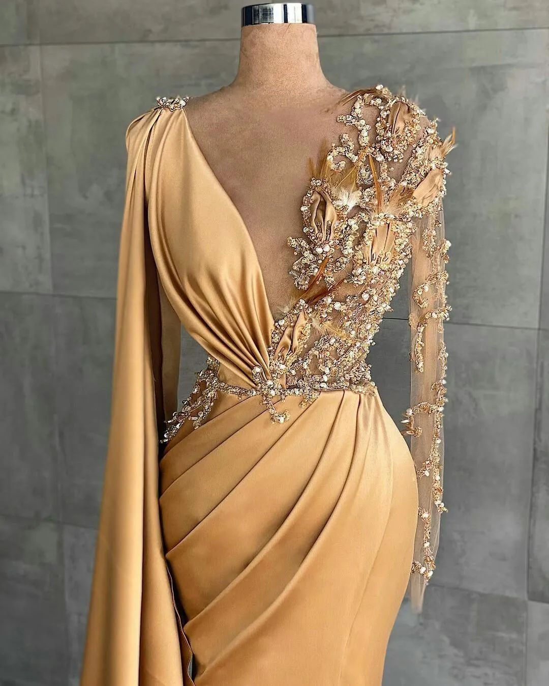 Gold Beading V Neck Long Sleeve Mermaid Prom Dress Gold Beading V Neck Long Sleeve Mermaid Prom Dress