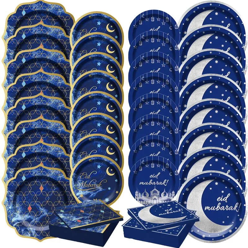 Disposable Dinnerware EID Mubarak Tableware Paper Plate Napkins Cup Tablecloth Banner Set Ramadan Muslim Islamic Party Decorations