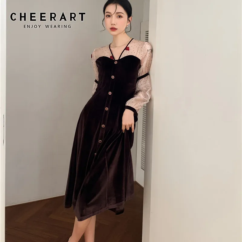 Organza Vintage Velvet Rose Embroidered Long Dress Women V Neck Brown A Line Korean Ladies Midi Clothing 210427