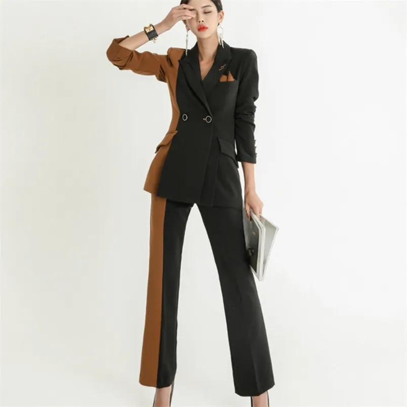 Escritório coreano senhora calça ternos de alta qualidade ol blazer casaco de casaco conjunto terno duas peças para roupas de mulheres 210514
