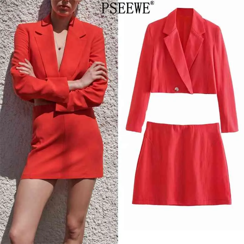 Blazer Skirt Suits Red Double Breasted Cropped Women's Elegant Sets High Waist Mini Office Casual 2 Pcs 210519