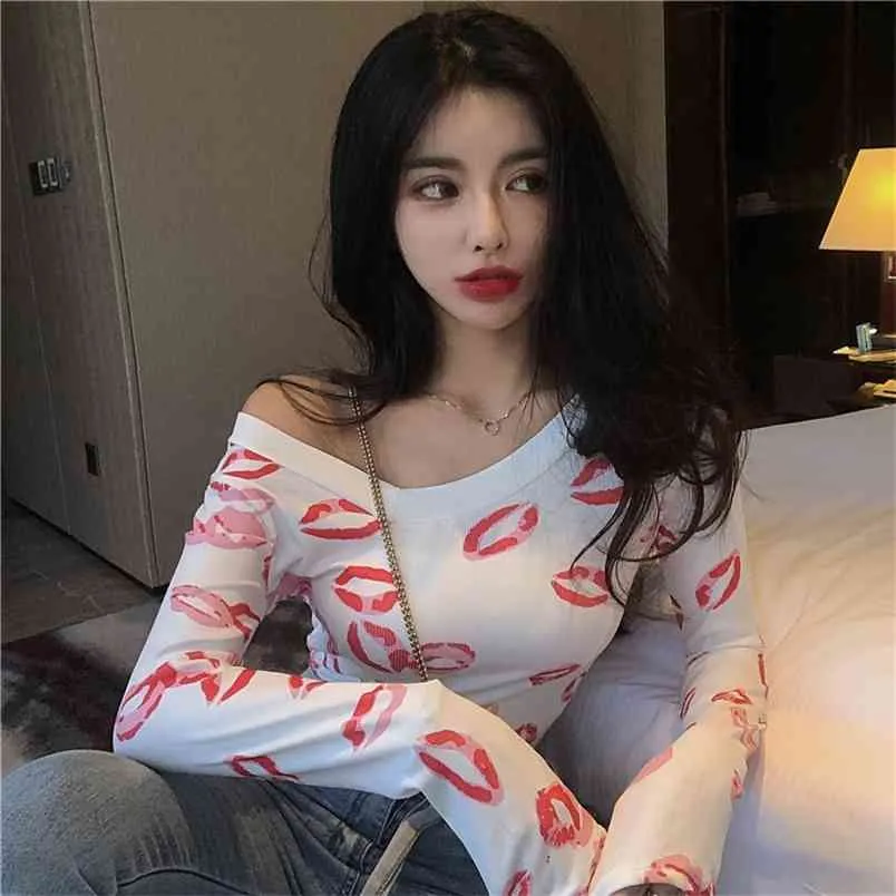 Women's T-shirt Tops Spring Autumn Sexy V-neck Red Lips Print Slim Fit Full Short Bottoming TShirt ML718 210506