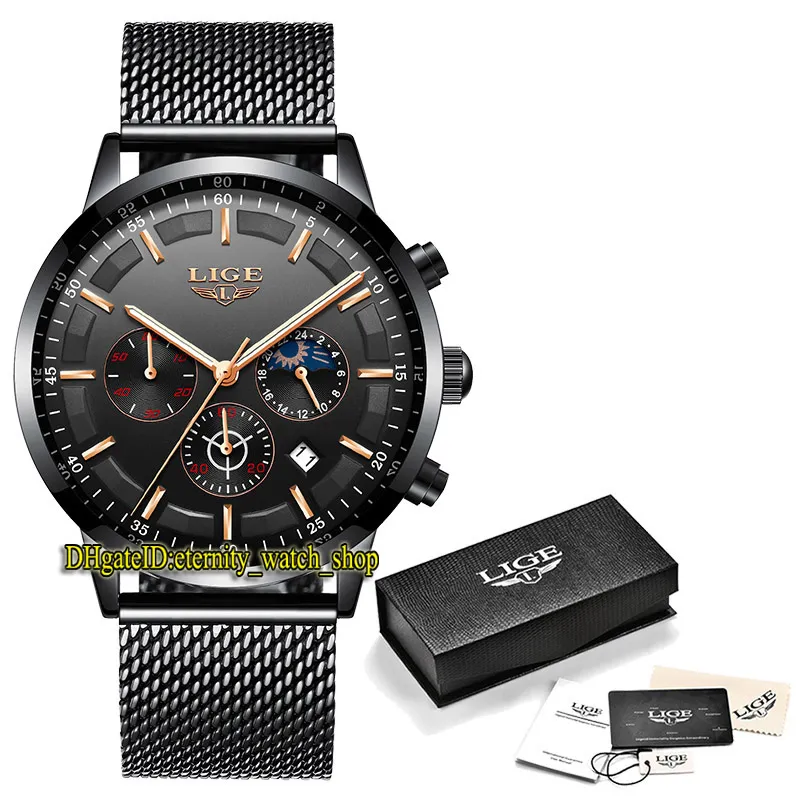 LIGE éternité LG9877 Sport Montres Hommes Date Pointeur Or Rose Cadran Noir Japon VK Quartz Chronographe Mouvement Montre Homme Boîtier Acier Noir Grille Bracelet Inoxydable