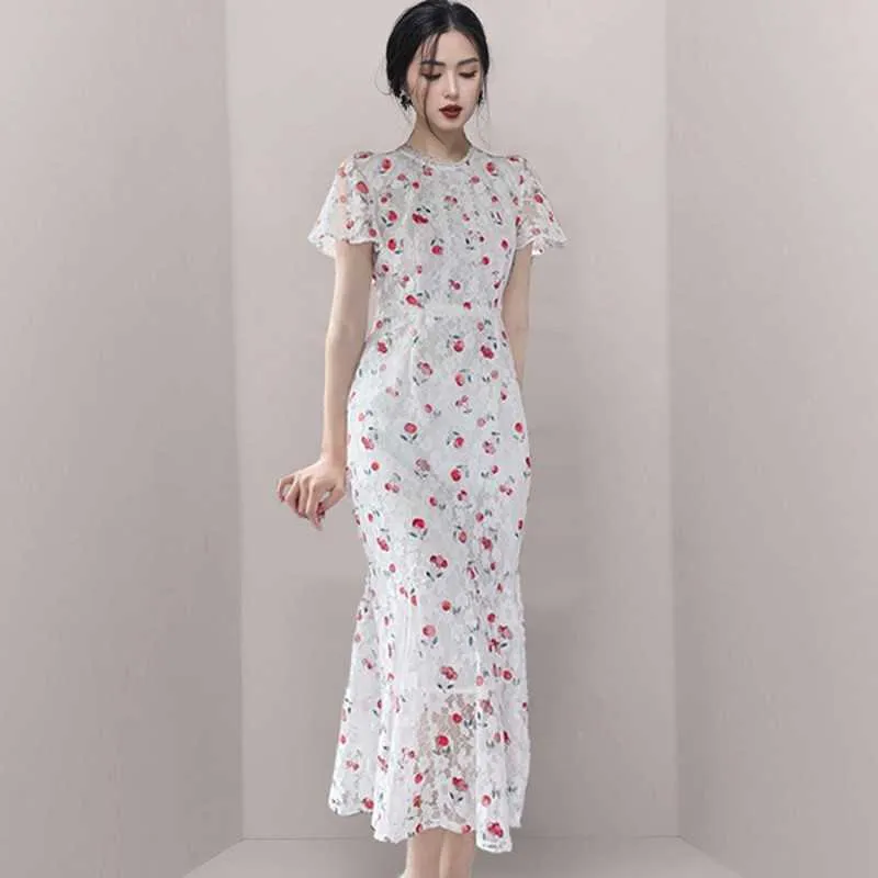 High Quality summer Women Runway Designer Dress White little cherry print lace dress Temperament fishtail 210531