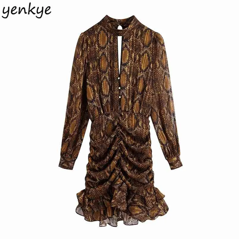 Mode Frauen Vintage Animal Print Kleid Langarm High Neck Saum Rüschen Drapierte Mini Sexy Frühling Herbst Vestido 210514