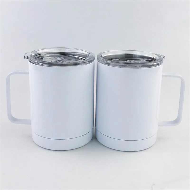 10oz Sublimatie Auto Cups Handvat Blanco Tumblers met verzegelde deksel Roestvrijstalen reismokken Dubbel-geïsoleerde waterflessen kunnen