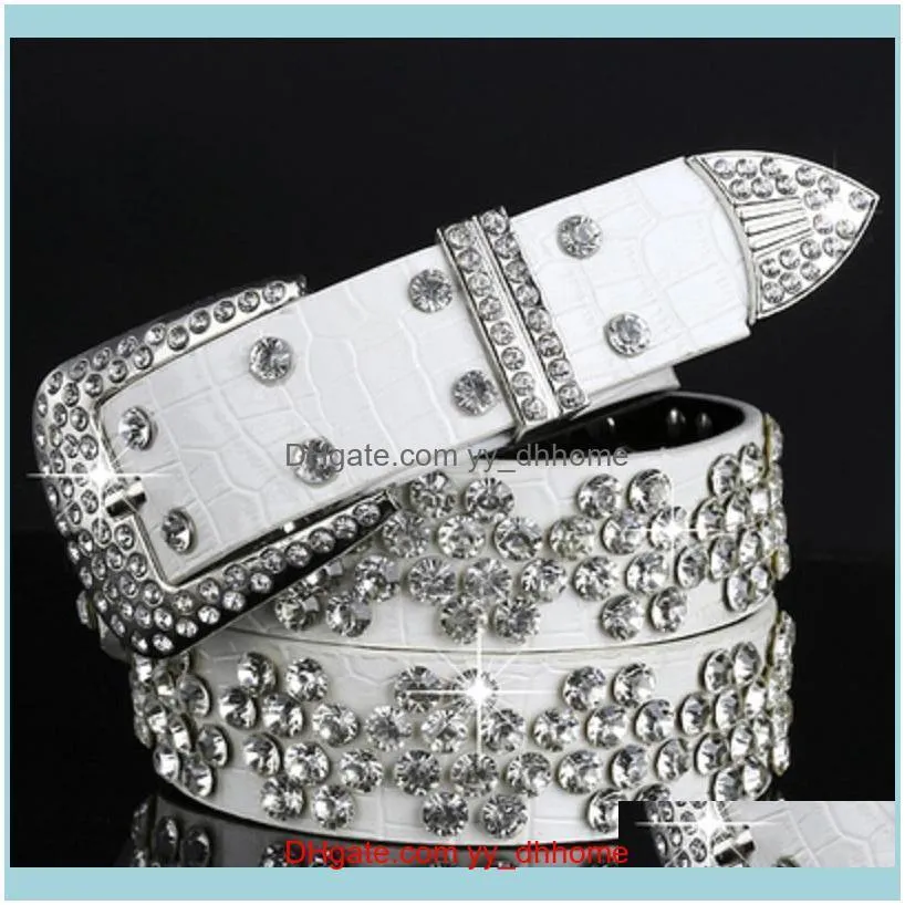 Fashion luxury designer beautiful diamond zircon flower leather belt for female women girls 110cm 3.6 ft
