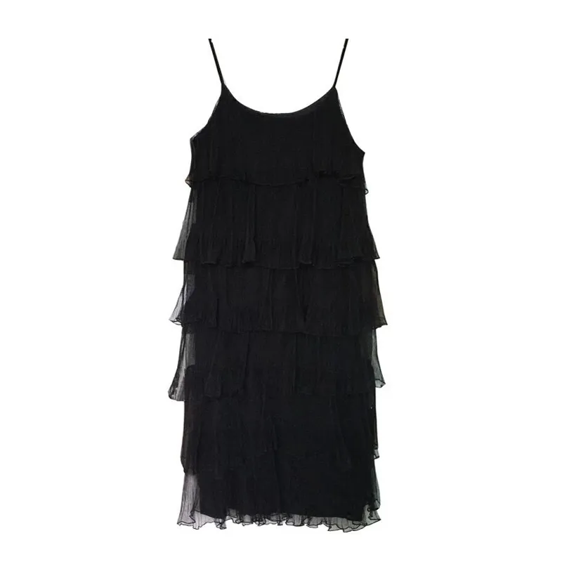 White Black Khaki Strap Sleeveless O Neck Straight Cascading Ruffle Midi Dress Summer D0713 210514