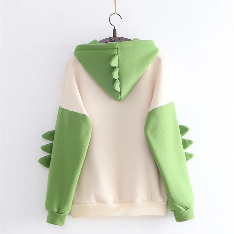 Sondr bonito dos desenhos animados moda mulheres moletom cópia casual manga longa splice dinossauro hoodies tops ropa mujer 210805