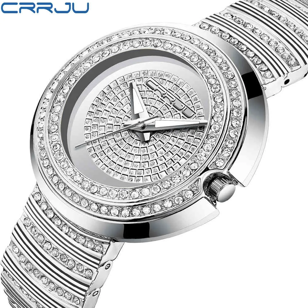 Damenmode Casual Analog Quarzuhren CRRJU Damen Diamant Kristall Armband Armbanduhr feminin Geschenkuhr 210517
