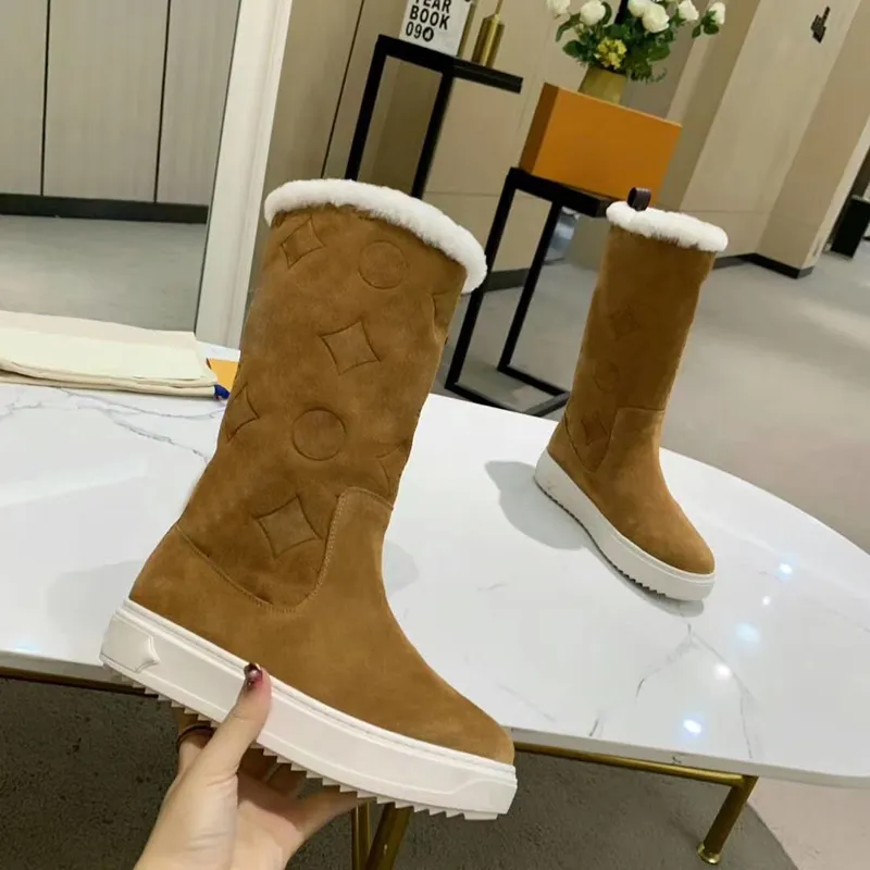 2021 Projektant Snowdrop Płaskie Buty Damskie Winter Boot Suede Calf Skórzane Wełny Futro Buty Comfort Outdoor Buty Wysokie buty