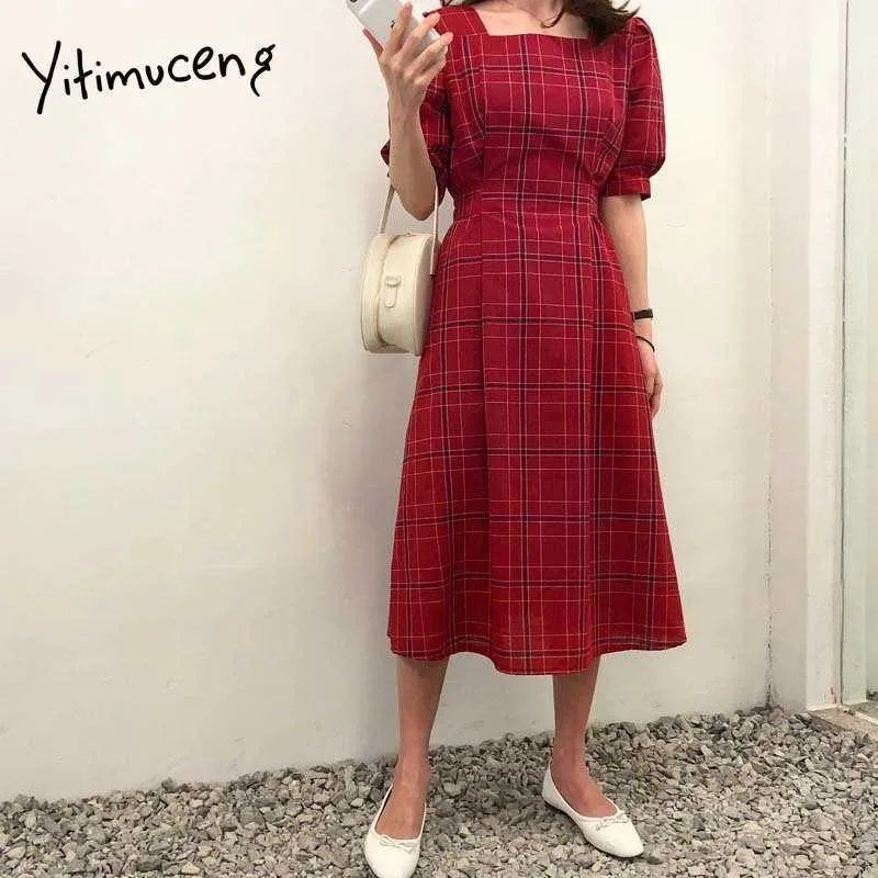 Yitimuceng vestido de xadrez vintage para mulheres verão elegante MIDI Vestidos Vermelhos Puff Manga A-Linha Alta Cintura Coreana Moda 210601