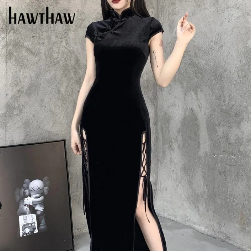 Przypadkowe sukienki Kobiety Retro Jesień Zima Z Długim Rękawem Bodycon Velvet Open Fork Split Black Qipao Chinese Dress 2022 Spadek