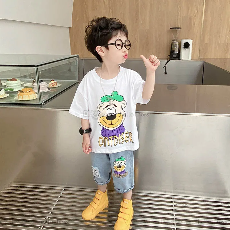 Kids Clothing Sets Casual Boy Suits Boys Outfits Children Clothes Summer Cartoon Cotton Short Sleeve T-shirts Hole Jeans Shorts Pants B6848