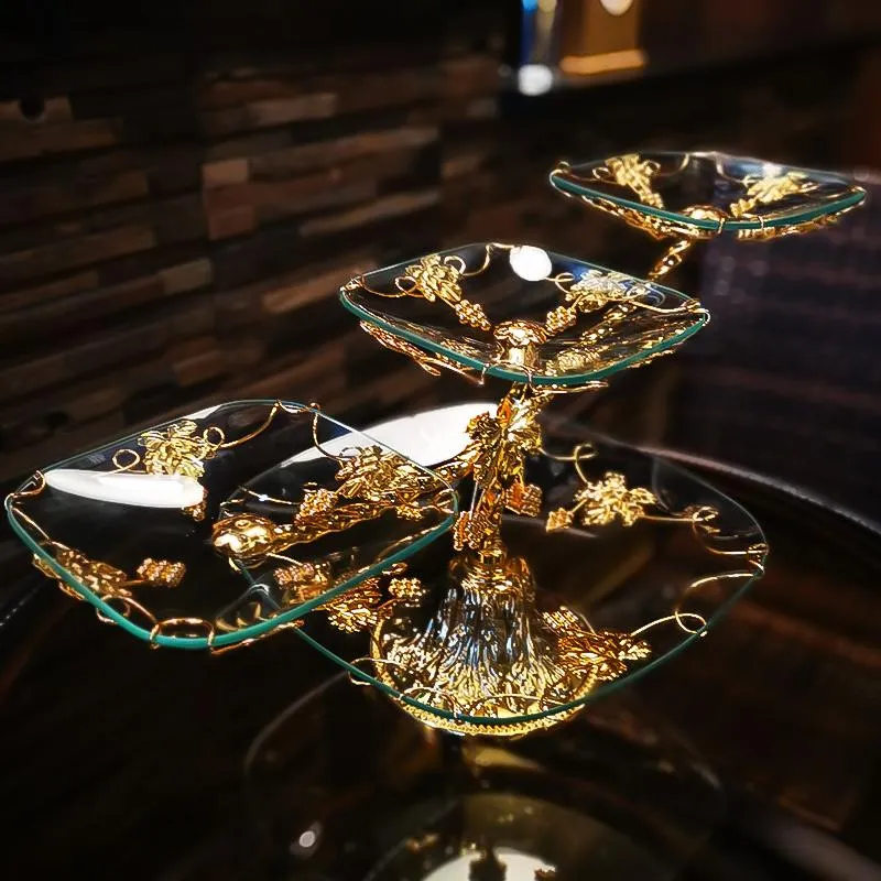 Yemekler Plakalar Avrupa tarzı cam meyve tabağı çok katmanlı aperatif altın demir çerçeve modern oturma odası ev tepsi masaüstü dekorasyon