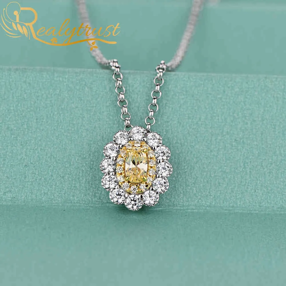 Trendy 2-tone Gold Oval Full Diamond Charm for Women Silver 925 Jewelry Ins Pendant Necklace with Chain Birthday Gift