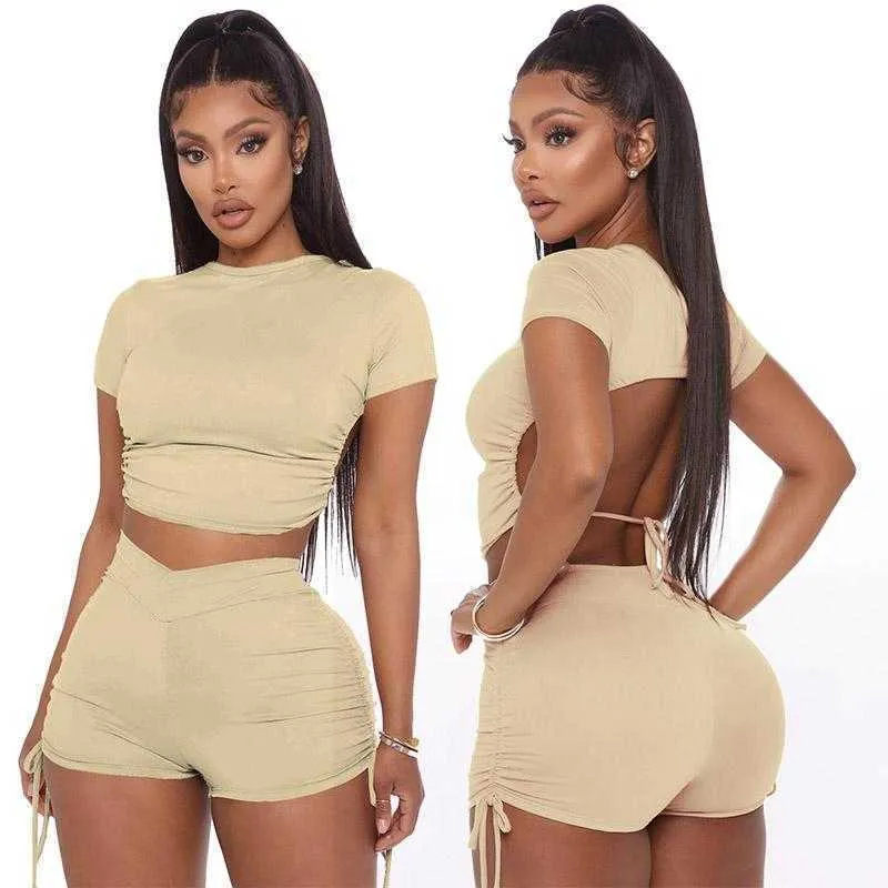 women Summer tracksuits 2 two piece outfits set Sexy backless Drawstring Short sleeve slim mini shorts suits sportswear jogging nightclub plus size clothing