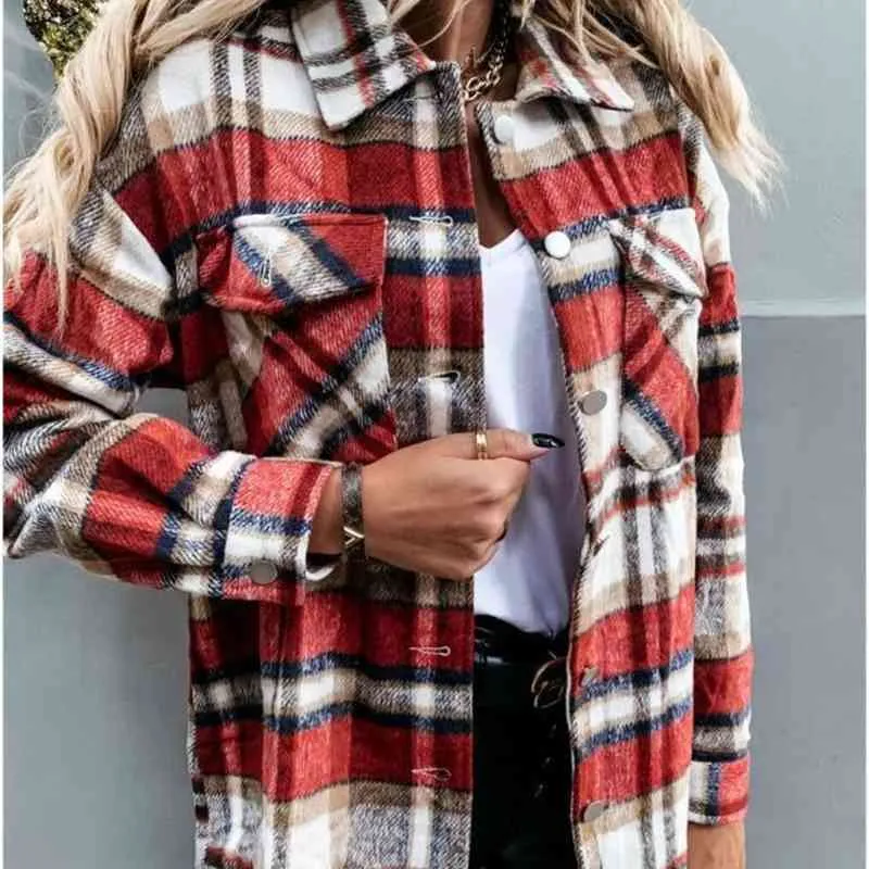 Women's Coat Autumn Spring Long-sleeved Plaid Jacket Woman Shirt Jacket Fashion Lapel Single Breasted Cardigan Jackets Coat 210521