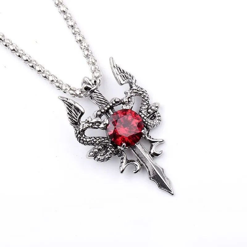 Hommes Dragon Guard Épée Pendentif Collier Chaînes En Acier Inoxydable avec Pierre De Zircon Noir pour Homme Biker Vintage Bijoux De Mode Beau Cadeau