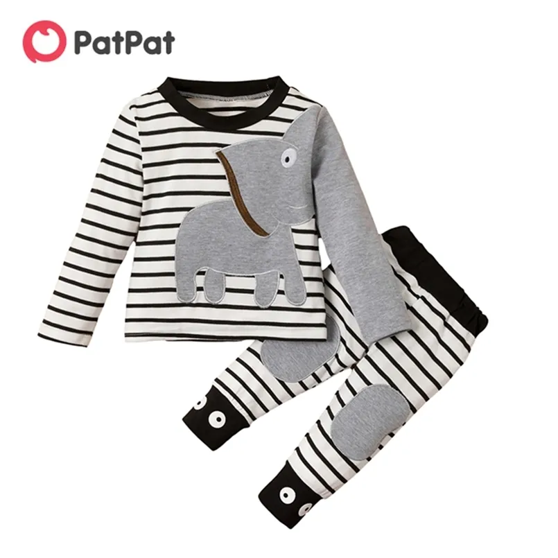 Arrivée automne et printemps éléphant applique haut rayé pantalon ensemble bébé enfants vêtements 210528