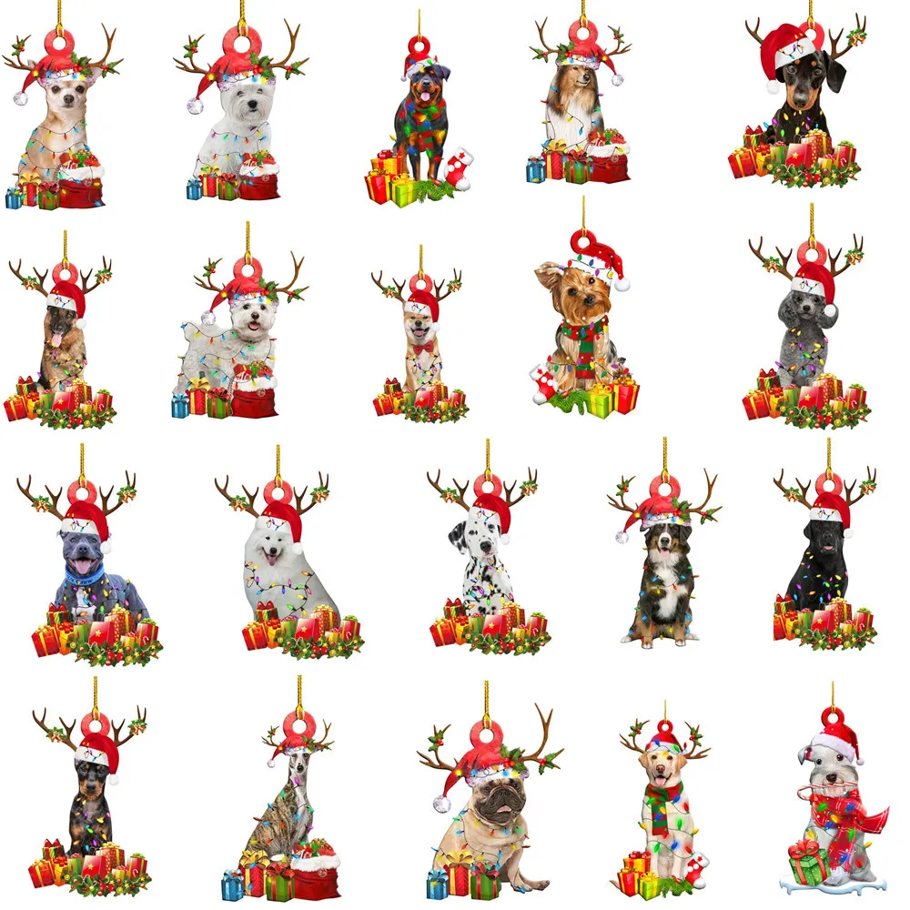 2021 Wooden Cute Dog Christmas Ornament Tree Hanging Sign Statues Decorations Xmas Shatterproof Ball Figurines Decor Party DIY Gifts