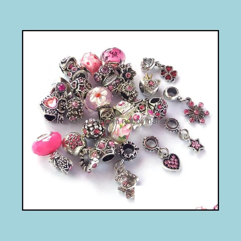 Mix style and color rhinestone antique silver plated big hole alloy beads charms fit European bracelet DIY