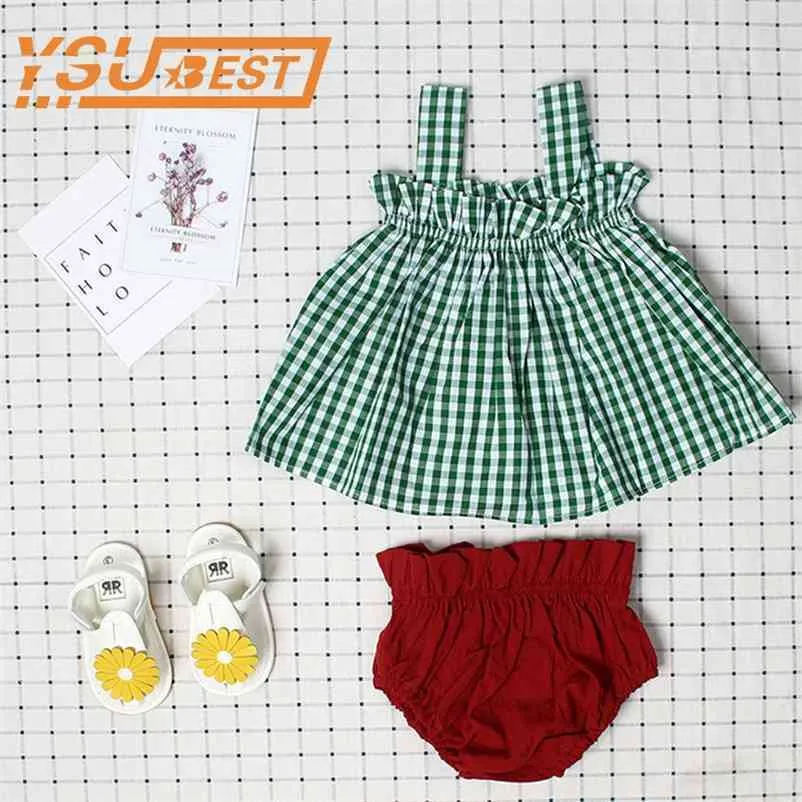 Plaid Baby Girls Ubrania Letnie Bez Rękawów Wzburzyć Topy Dress + Spodenki Toddler Kid Stroje Zestaw 210521