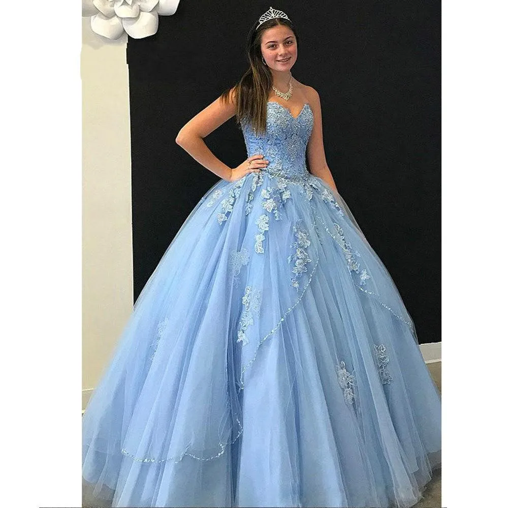 Light Sky Blue Plus Size Ball Ago Abito Quinceanera Abiti Off Spalla Sweetheart Lace Applique Sweep Sweep Train Vestidos de 15 ANOS Sweet 16 Prom Birthday Party Gowns