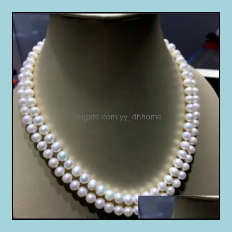 8-9mm Double Layer Natural White Pearl Necklace 18inch 925 Sliver Clasp Women`s Gift Jewelry