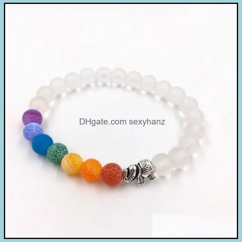 Beaded, Bracelets Jewelrybeaded Strands 8Mm White Frosted Matte Elephant Friendship Bracelet Handmade 7Colour Chakra String Energy Yoga