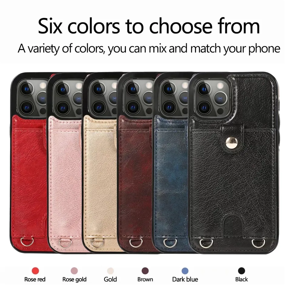 Schokbestendige telefoonhoesjes voor iPhone 14 13 12 11 Pro Max XR XS X 7 8 Plus Solid Color Crazy Horse Textuur PU Leer Beschermingskap Kase met schouderriem