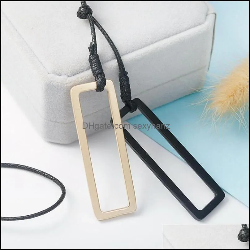 Pinksee Simple Fashion Geometric Hollow Rectangle Pendant Necklace Women Elegant Long Leather Rope Sweater Chain Jewelry