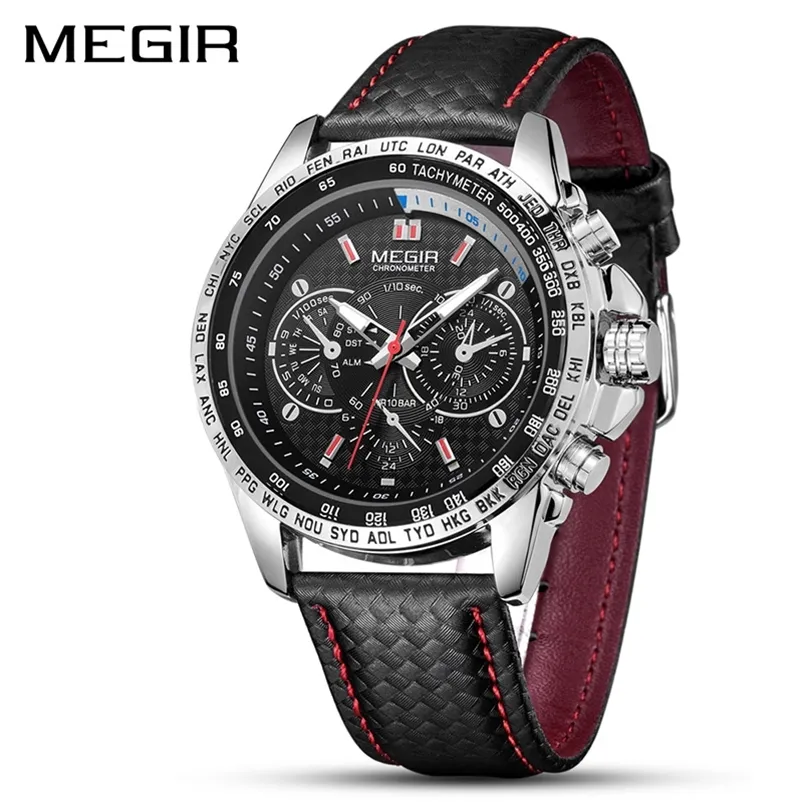 MEGIR Orologi da uomo Top Brand Luxury Orologio al quarzo Uomo Moda Casual Cinturino in pelle nera Orologio quadrante grande Orologio sportivo Erkek Saat 210804