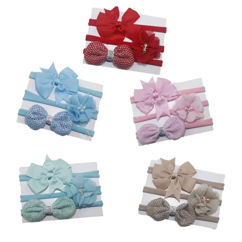 3 pz/lotto Neonate Chiffon Fiore Perla Fasce Archi di Nastro Neonato Bambini Nylon Copricapo Puntelli Foto Accessori Per Capelli Set