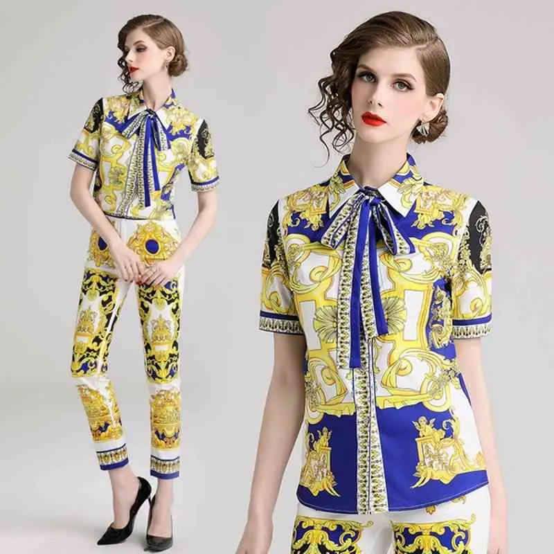 Sommar Mode Kvinnor Skriv ut Byxor Sats Set's Short Sleeve Bow Collar Shirt Toppar + Penna 2 Pieces Sets 210531