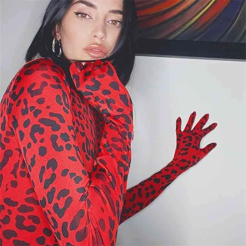Vintage Red Leopard Print Turtleneck Långärmad skinny bodysuit med Glovers Autumn Sexig Party Clubwear Outfit Bodycon Body Top 210728
