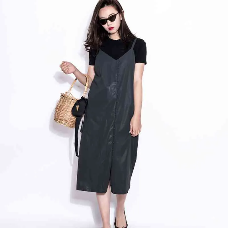 High Fashion Solid Pu Slip Dress Spring Simple Black Women Dress Temperament Cool All-match Spaghetti Strap 210514