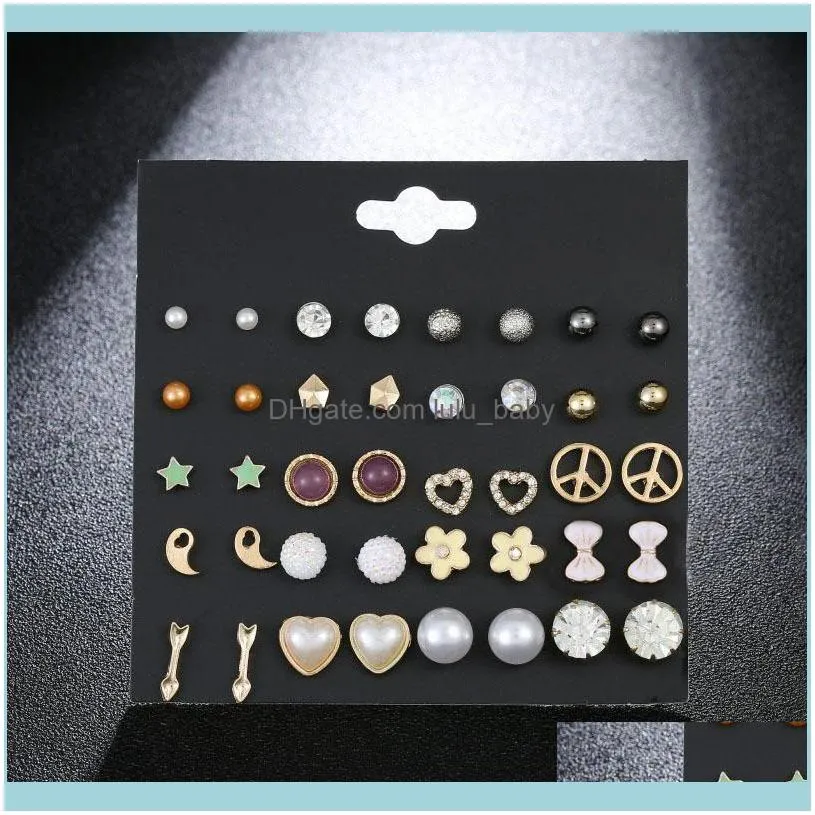 20Pairs Fashion Women Earrings Set Pearl Crystal Stud Female Simple Trendy Jewelry Dangle & Chandelier