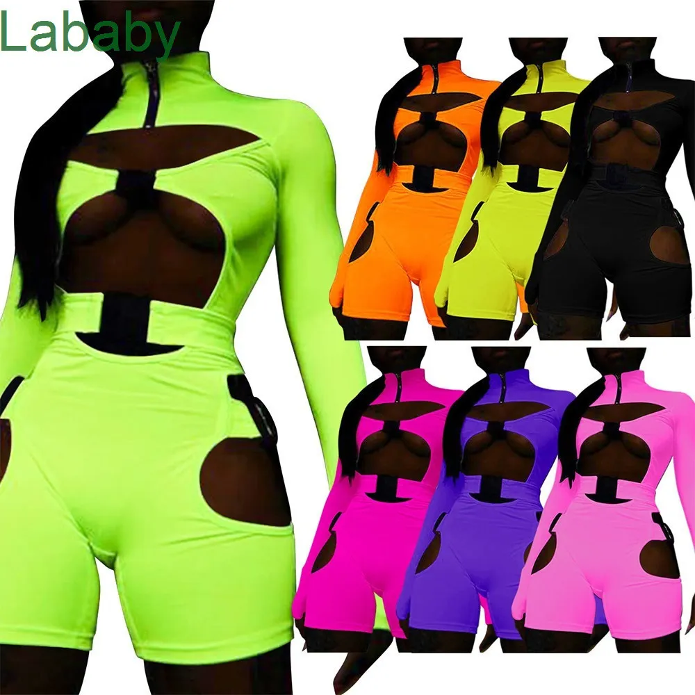 Женские комбинезоны дизайнер Sexy Neon Color Пряжка на молнии Fit Tomper Turtleneck с длинным рукавом тощая уличная одежда талия полоса вырезать боди