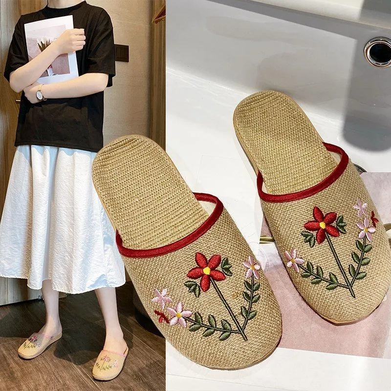 Ladies Slippers Shoes Women Slides Beach Flip Flops Summer Weave Brand Flower Low Cover Toe Flat Casual Big Size 35-45