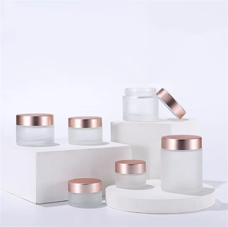 Frosted Clear Glass Face Cream Bottle Cosmetic Jar Lotion Lip Balm Container with Rose Gold Lid 5g 10g 15g 20g 30g 50g 100g