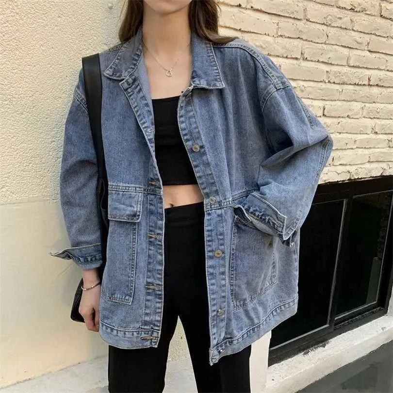 Kvinnors Denimjacka Koreansk stil Solid Lapel Långärmad Casual Blå Outwear Höst Vinter Lösa Jeans Coats Kvinna 211014