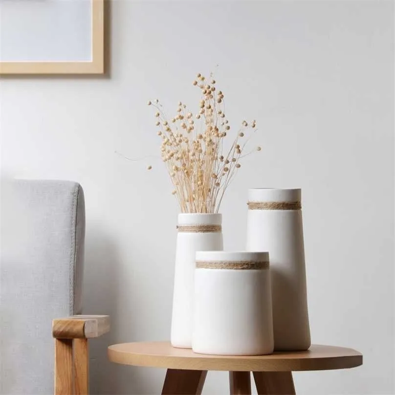 Vase à fleurs minimaliste moderne en céramique blanche mate avec corde de chanvre pour pièce maîtresse séchée artisanat décoration de table à la maison 211215