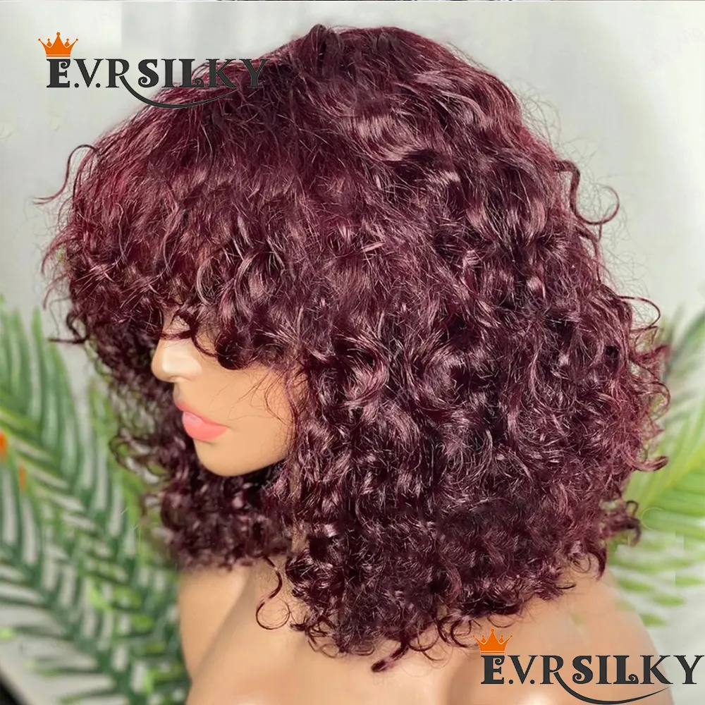 Fringe Jerry Curly Bourgogne Red Short Bob Human Hair Wig With Bangs for Women Malaysia Virgin 200 Density Full Machine Made Wigs