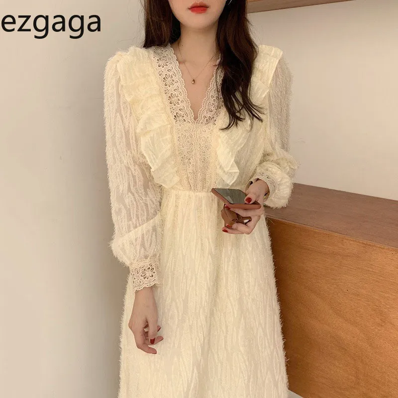 Ezgaga French Style Lace Patchwork Party Dress Women Chic Vintage V-Neck Elegant High Waist Dress Tender Vestidos Feminino 210430