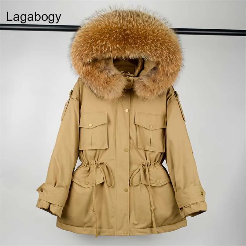 Lagabogy Winter Women White Duck Down Kurtka Grube Ciepłe Parki Kobiet Kieszonkowy Kieszonkowy Z Kapturem Wiatroodporny Ludowy Coat Real Raccoon Futro 211126